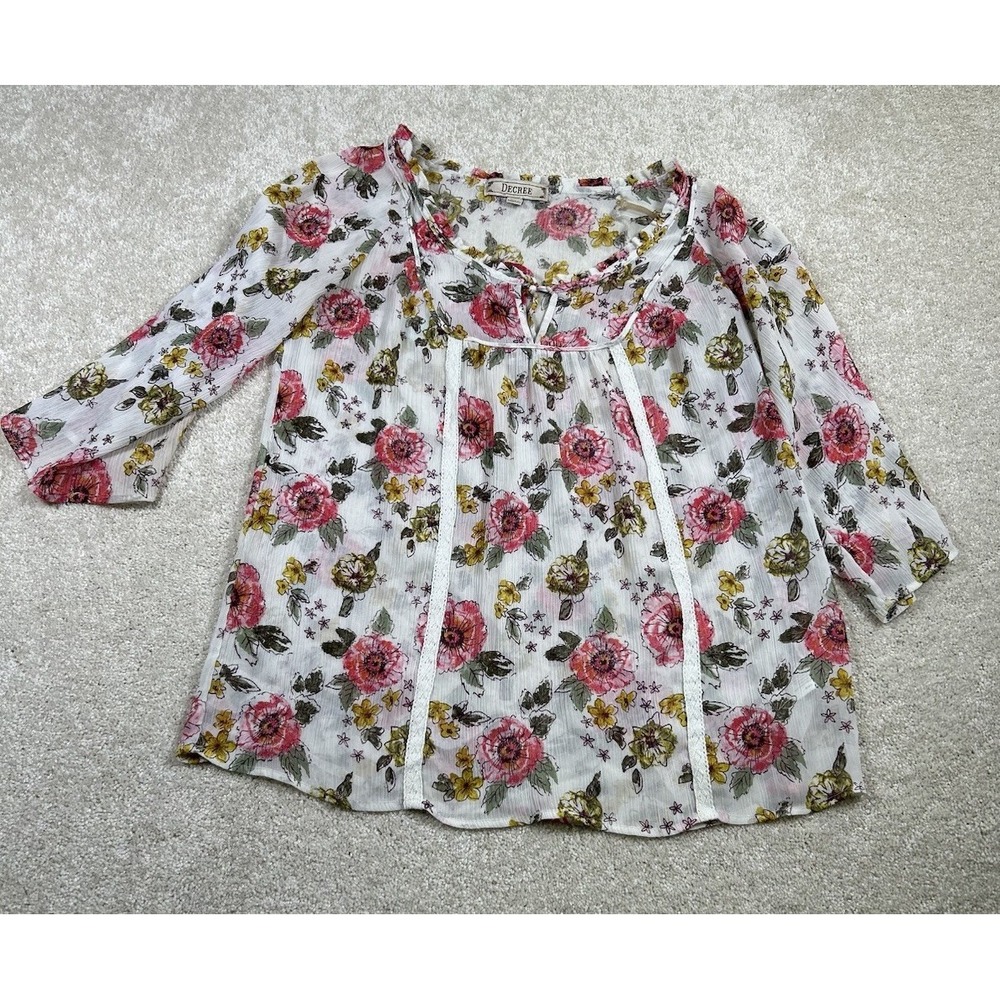 Degree Womans L White Sheer Floral Short Sleeve Blouse Fairy Whimsy Bloom Boho